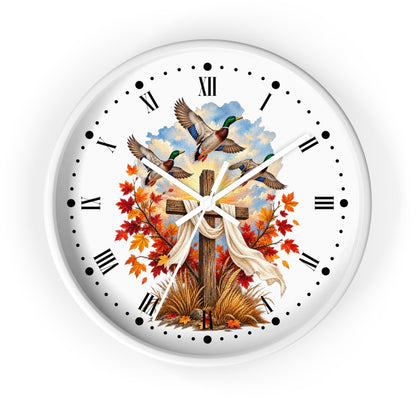 Autumn Cross Wall Clock — Faith Decor with Flying Ducks & Fall Leaves
