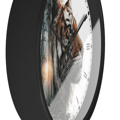 A close-up of a round wall clock with a black frame and a white face featuring a tiger portrait and bamboo forest artwork. The clock hands and Roman numeral markers are black.