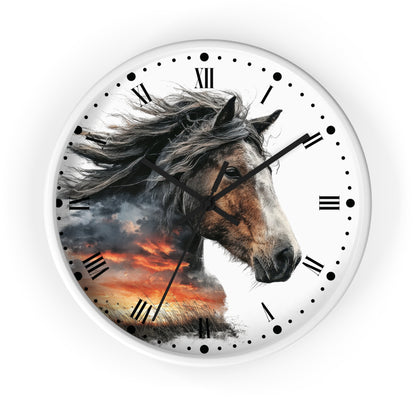 A round wall clock with a white frame and a printed design of a horse's head over a dramatic sunset sky. The clock face has black Roman numerals and black hands, shown against a plain white background.