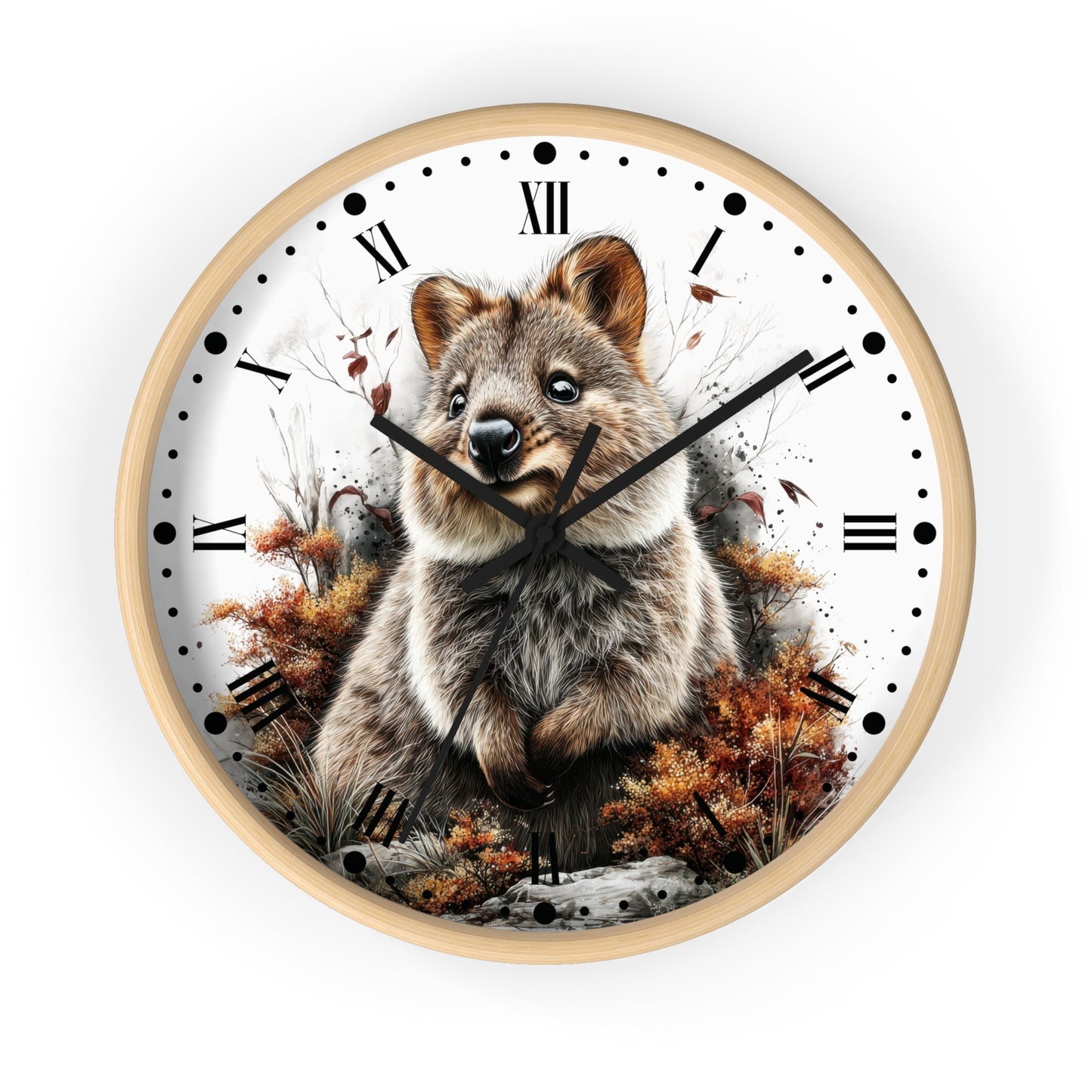 Round wall clock with a light wood frame and a white face featuring a detailed illustration of a quokka surrounded by autumn foliage. The clock has black Roman numerals, black hour and minute hands, and black minute markers.