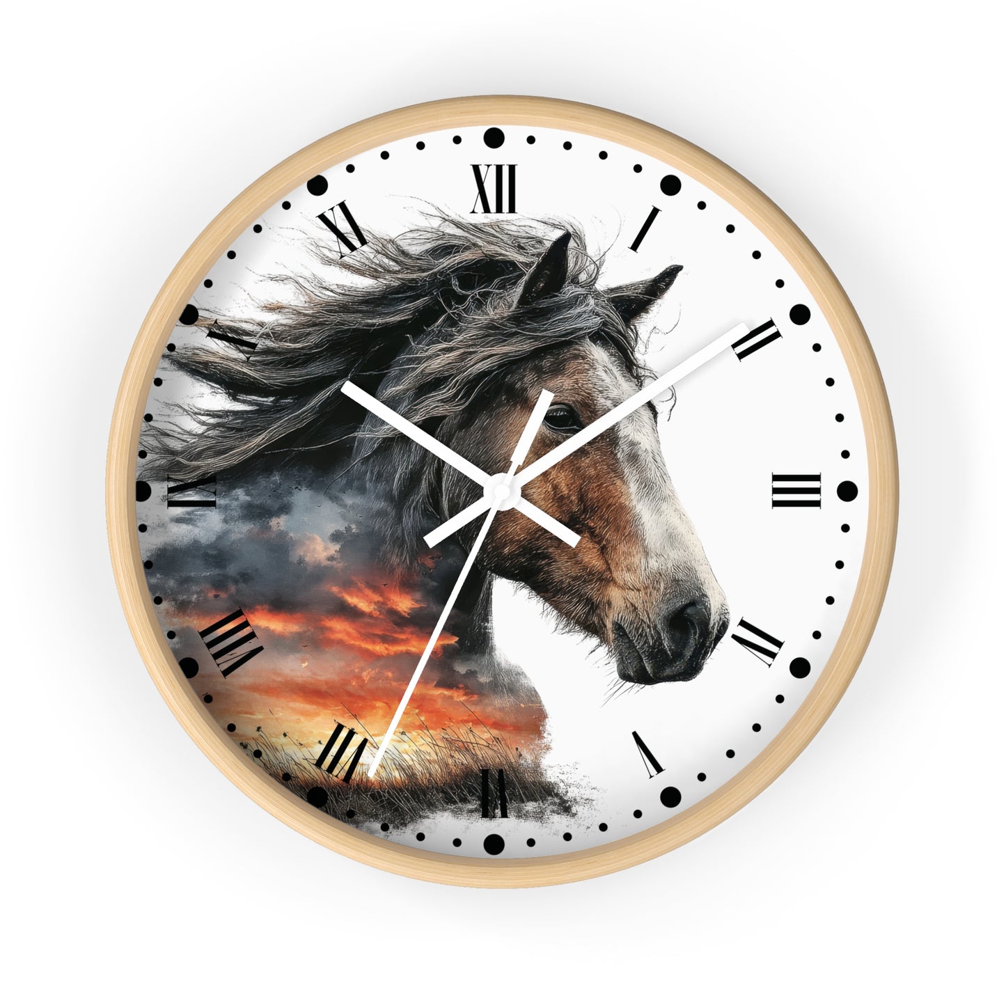 A round wall clock with a light wood frame and a white face featuring a detailed illustration of a horse's head over a dramatic orange and gray sunset. The clock has black Roman numerals, black hour markers with small dots, and white clock hands.