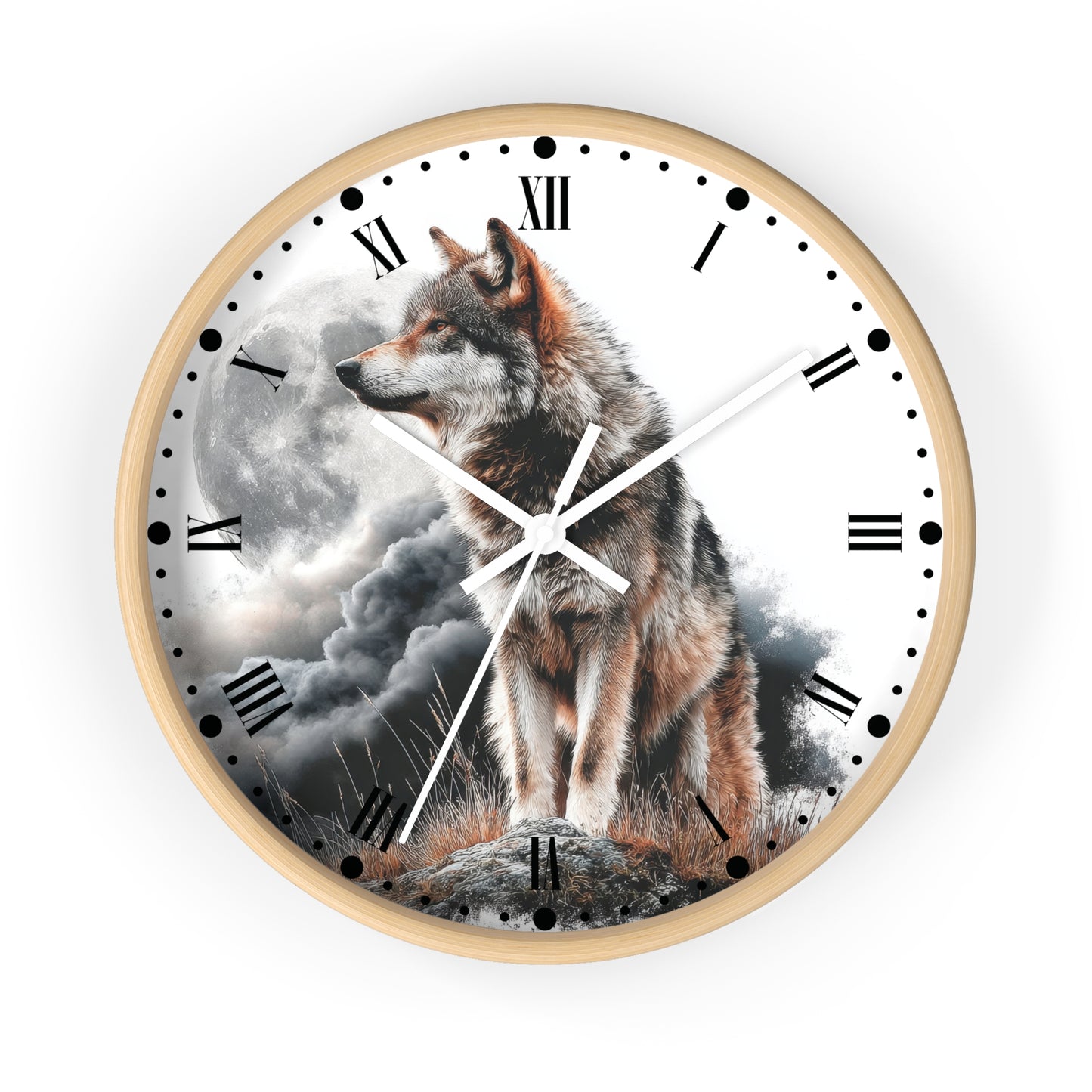 Round wall clock with a light wood frame and a printed wolf scene on the face, featuring Roman numerals, black hour markers, white clock hands, and a gray cloudy sky background.