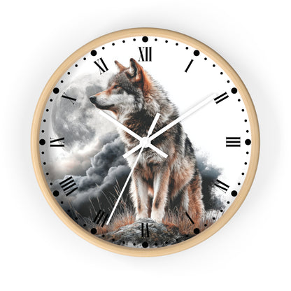 Round wall clock with a light wood frame and a printed wolf scene on the face, featuring Roman numerals, black hour markers, white clock hands, and a gray cloudy sky background.