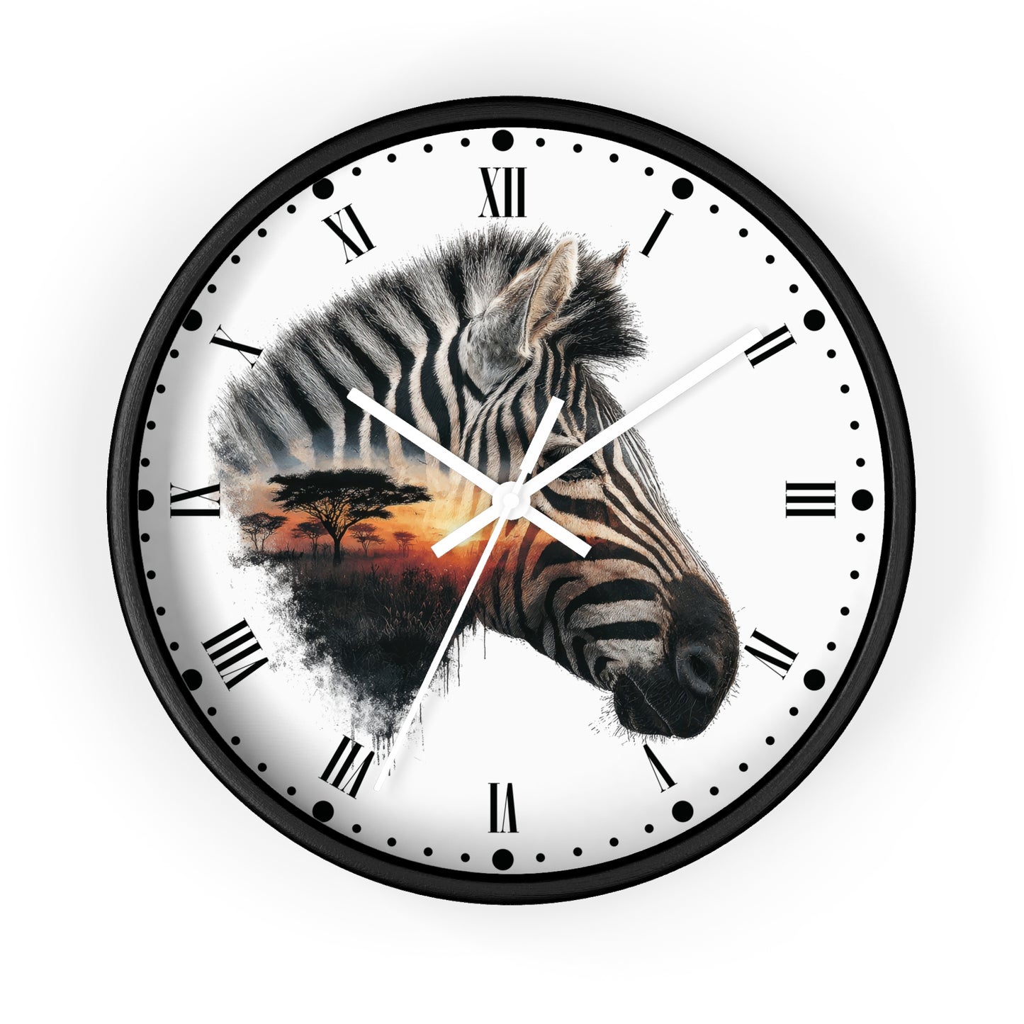 Zebra Sunset Wall Clock with Roman Numerals — African Savanna Animal Decor
