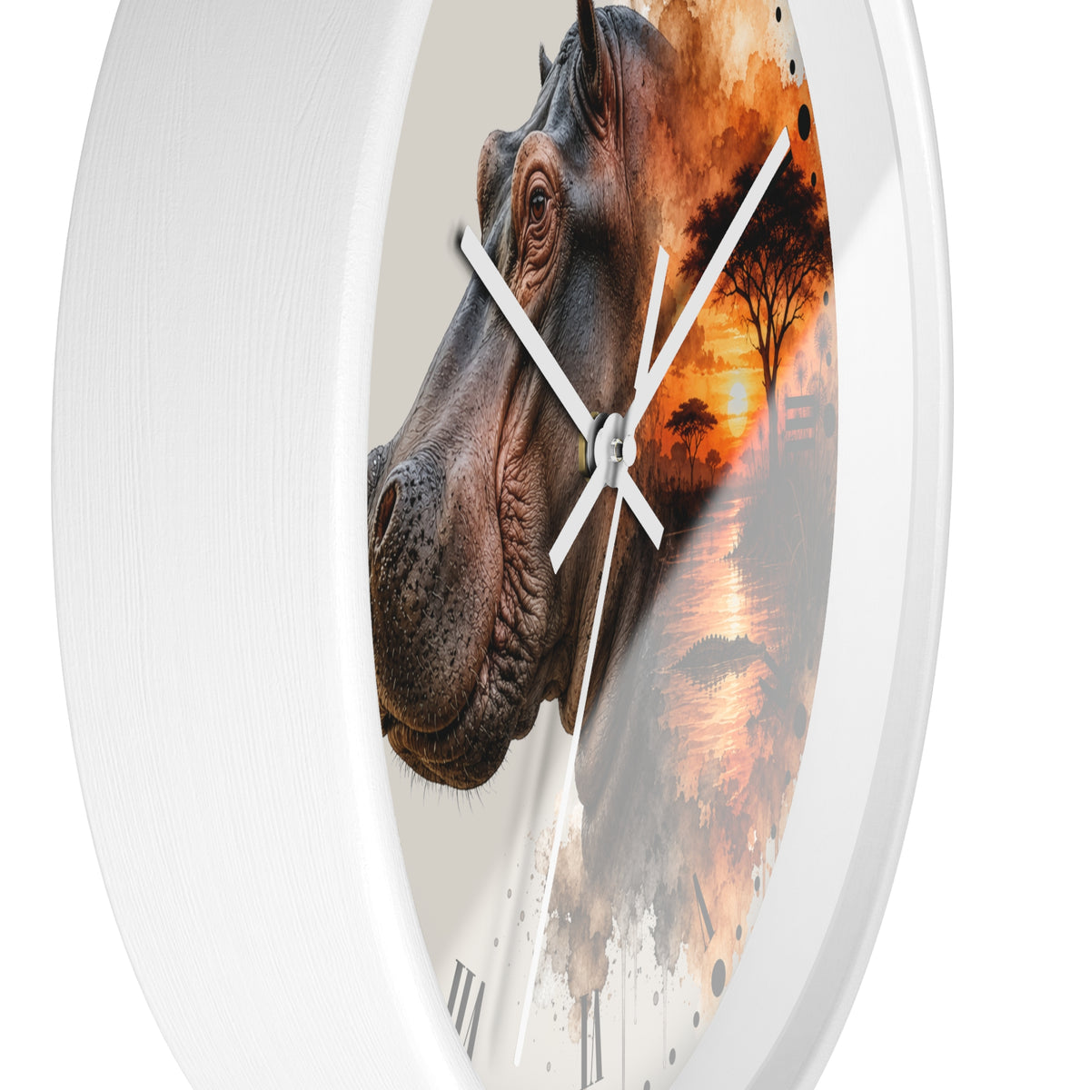 A round wall clock with a white frame and a printed design featuring a close-up hippopotamus face on the left and an orange-toned sunset landscape on the right, shown against a plain white background.