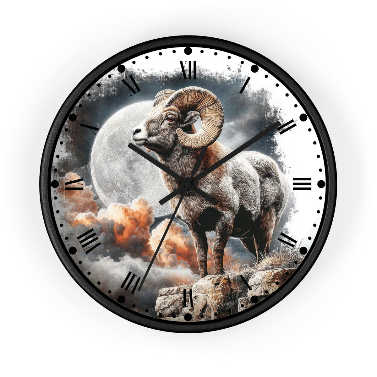 A round wall clock with a black frame and a detailed illustration of a ram standing before a large moon and clouds, with black Roman numerals and hands on a white background.