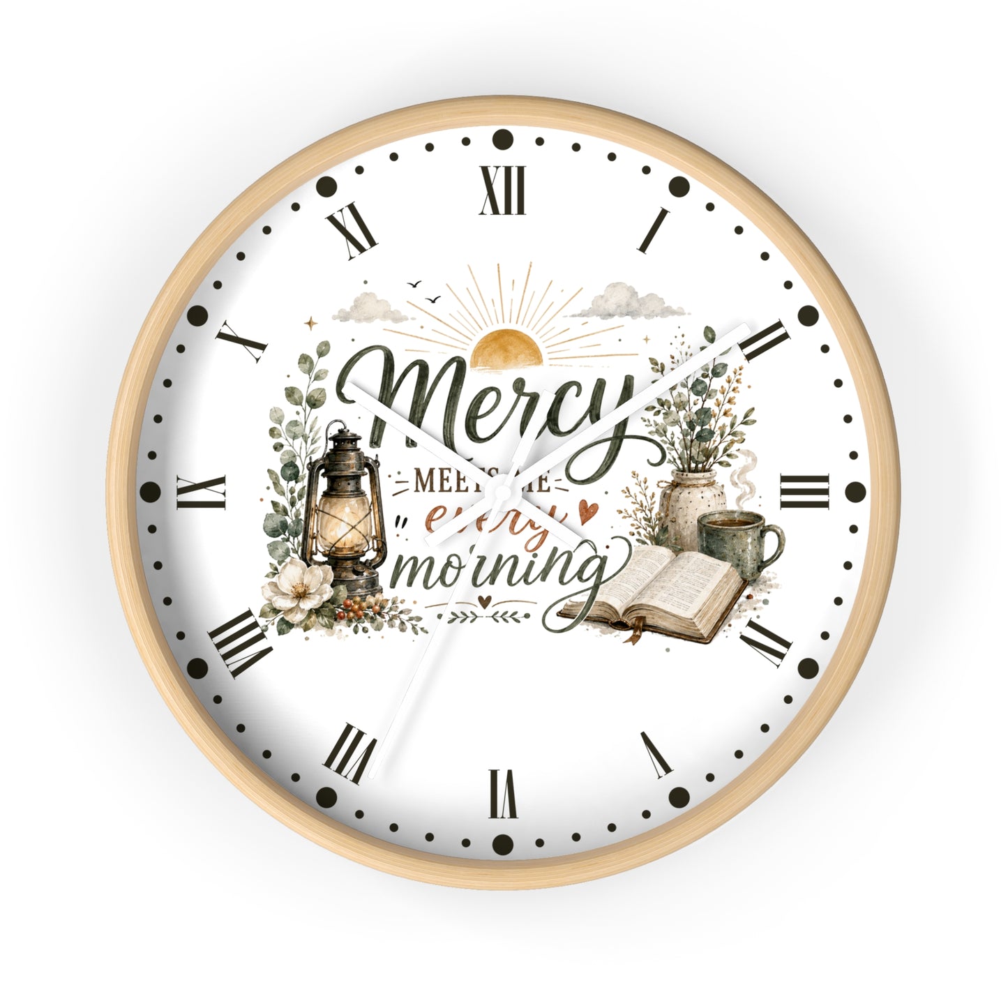 Mercy Meets Every Morning Wall Clock — Rustic Christian Inspirational Decor