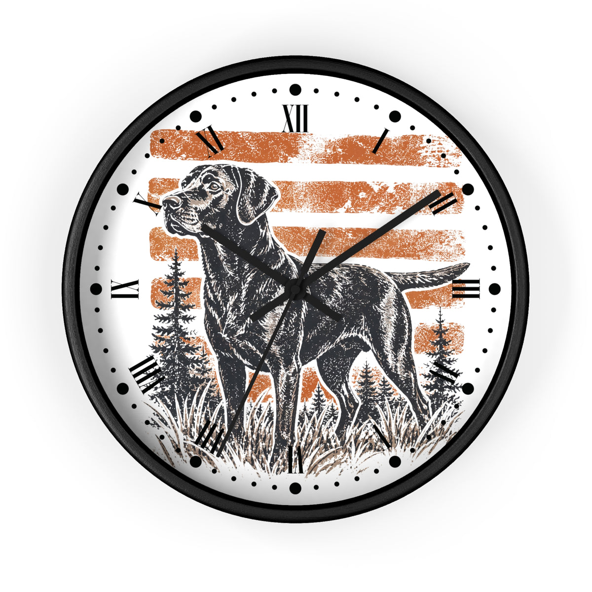 A round wall clock with a black frame, featuring a black-and-white illustration of a dog standing in front of distressed orange horizontal stripes and pine trees on a white face.