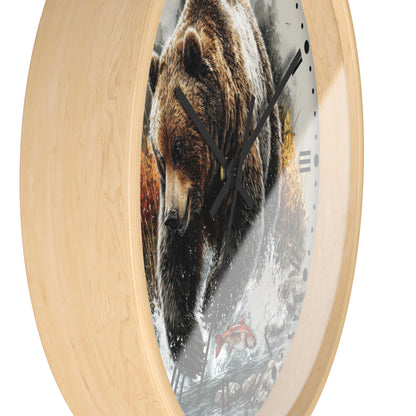 Round wall clock with a light natural wood frame and a printed bear scene on the face, shown against a plain white background.