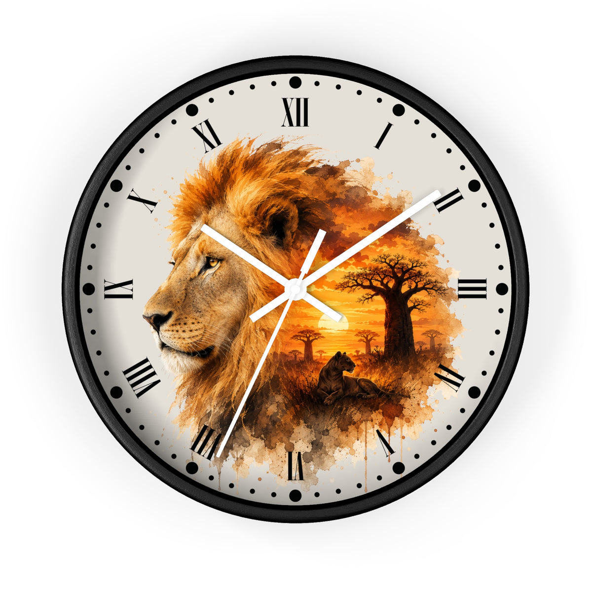 A round wall clock with a black frame and a custom printed face featuring a lion profile, a lion cub, acacia trees, and an orange sunset. The clock has Roman numerals and white hands on a plain white background.