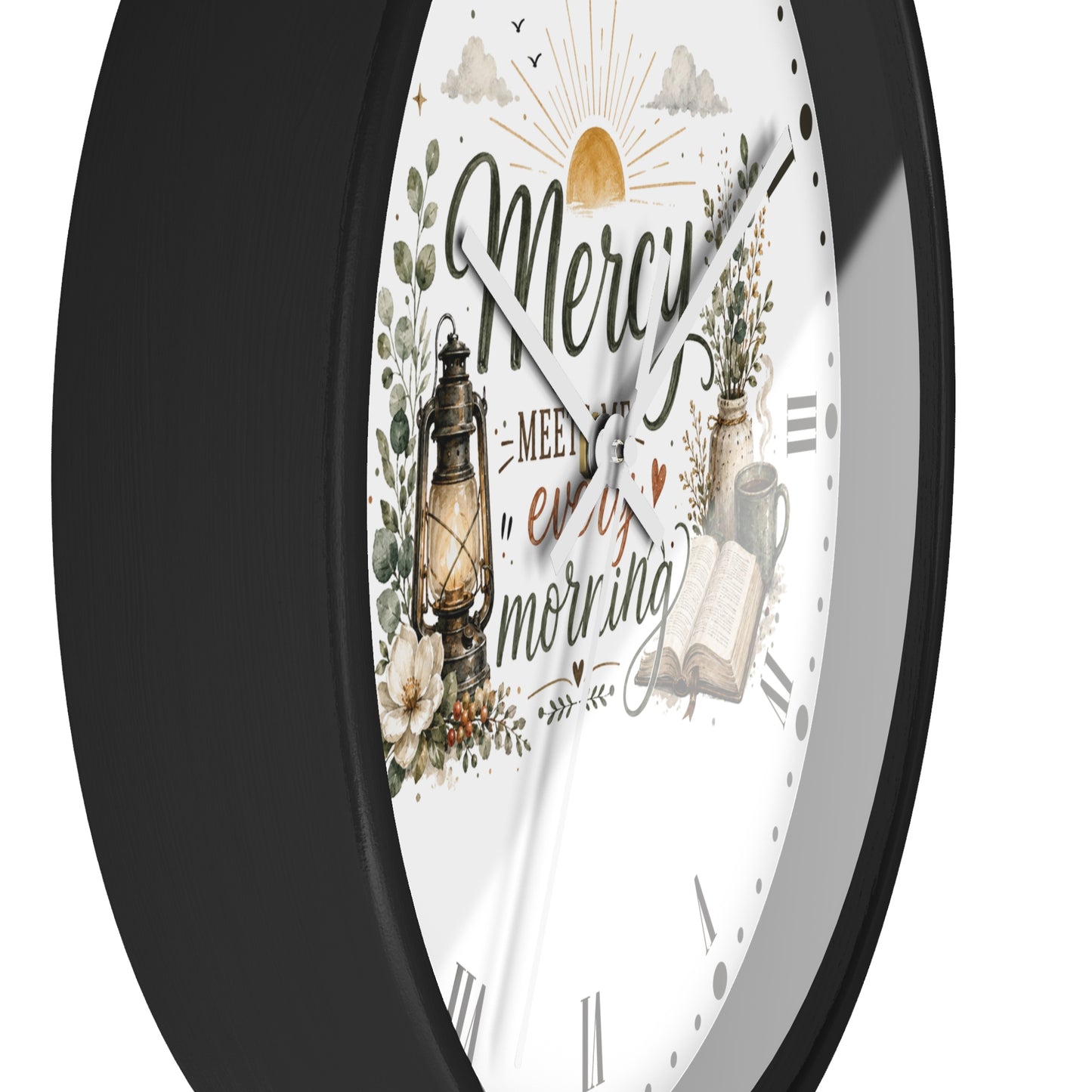 Mercy Meets Every Morning Wall Clock — Rustic Christian Inspirational Decor