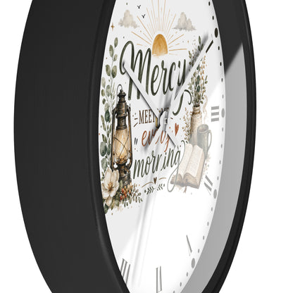 Mercy Meets Every Morning Wall Clock — Rustic Christian Inspirational Decor