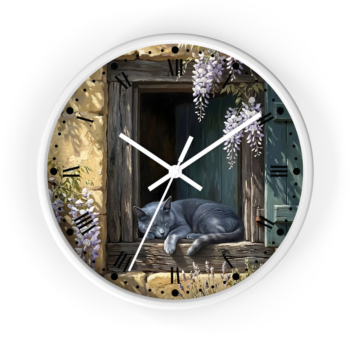 A round wall clock with a white frame and a printed illustration of a gray cat sleeping on a rustic wooden windowsill, surrounded by wisteria flowers and stone-textured numerals, shown against a plain white background.