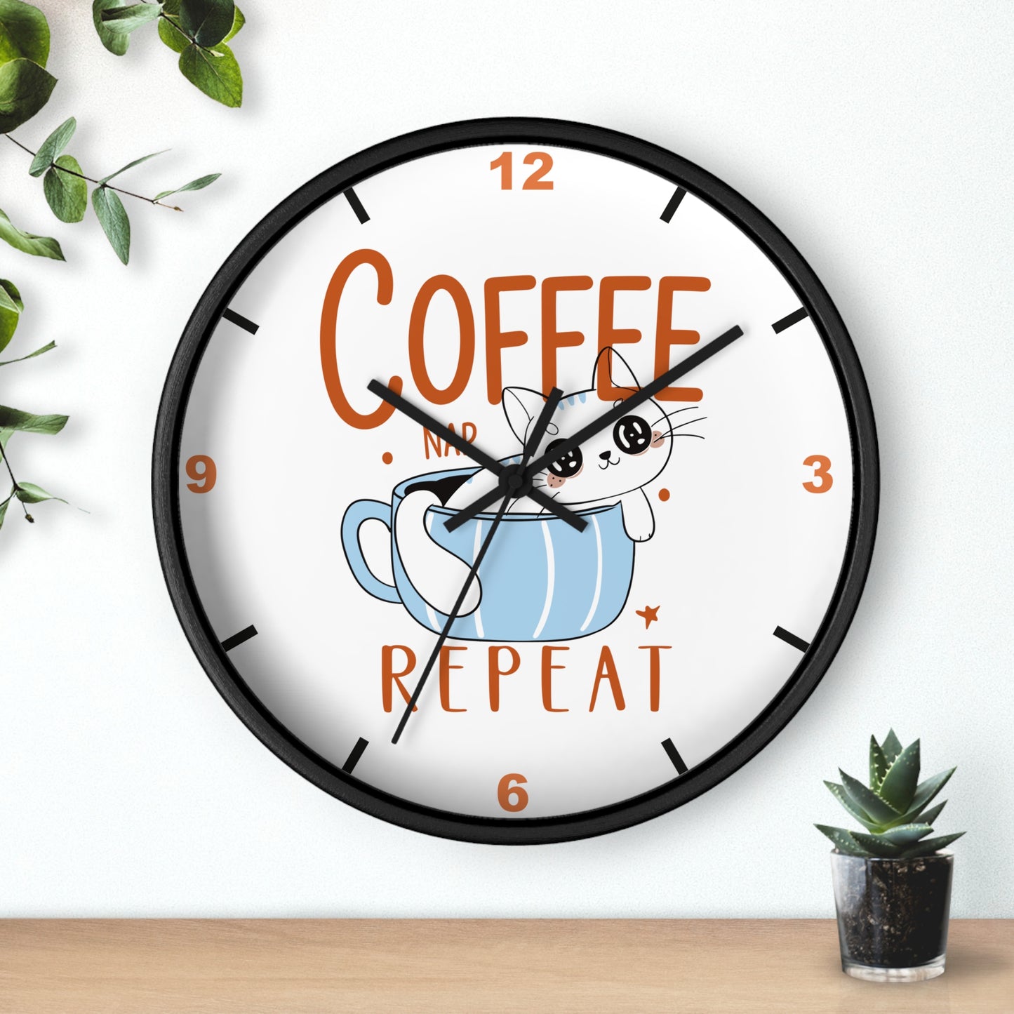 Coffee Nap Repeat Wall Clock | Cute Cat in Mug Kitchen Decor