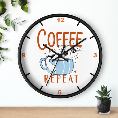 Coffee Nap Repeat Wall Clock | Cute Cat in Mug Kitchen Decor