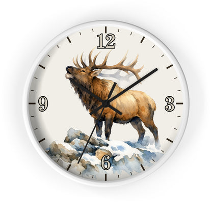 Elk Winter Wall Clock — Rustic Watercolor Mountain Lodge Decor