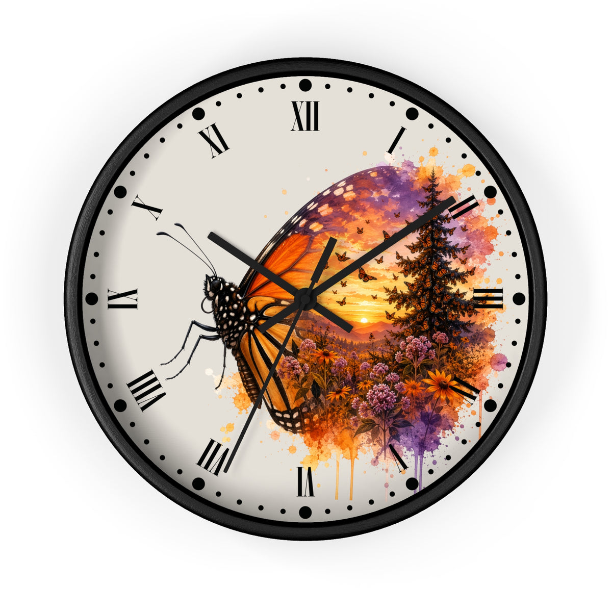 A round wall clock with a black frame and Roman numeral hour markers, featuring a colorful butterfly and forest sunset illustration on the face.
