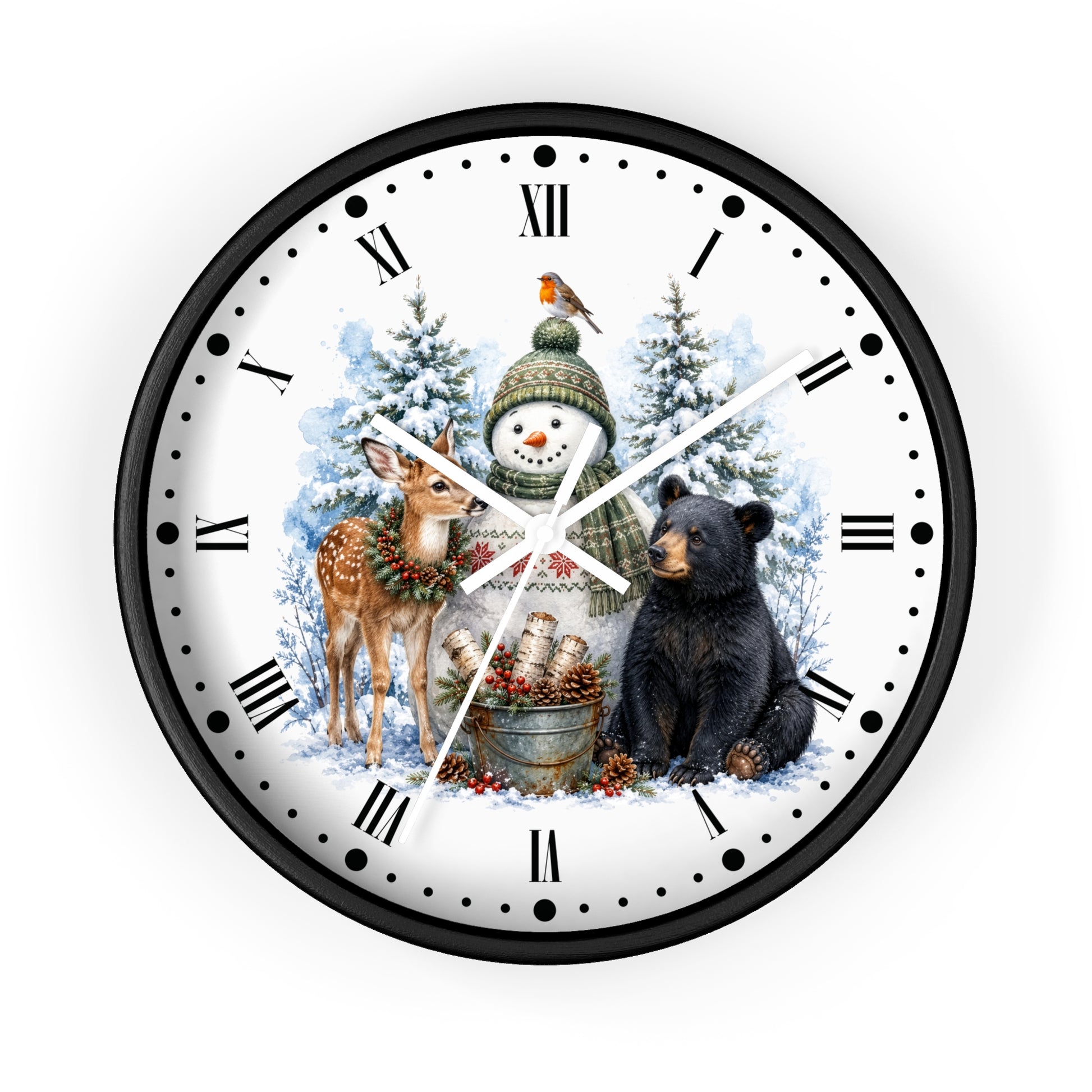 A round wall clock with a black frame and a white face featuring a winter holiday illustration. The design shows a snowman in a green hat, a deer, a black bear, snow trees, and a bird, with Roman numerals around the dial.
