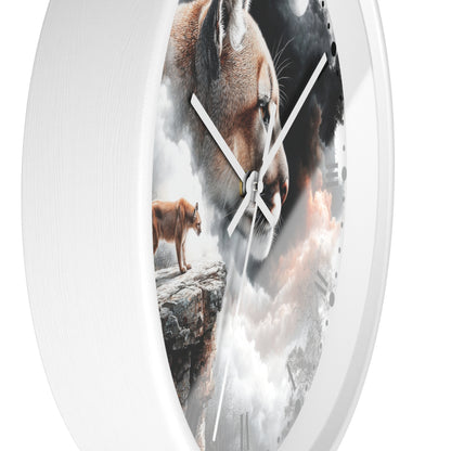 A white round wall clock with a printed scenic face showing a large cougar head, a smaller cougar standing on a rock, and dramatic clouds, photographed against a plain white background.
