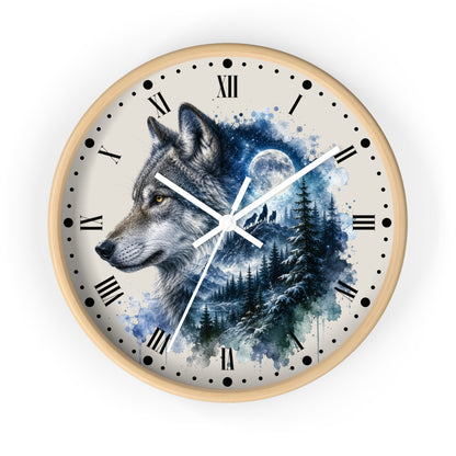 Round wall clock with a light wood frame, Roman numerals, black dot hour markers, and a watercolor-style wolf over a snowy forest and moon at night design on the dial.