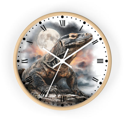 A round wall clock with a light wood frame and a printed dial featuring a large lizard under a full moon, with black Roman numerals and white hands, shown on a plain white background.