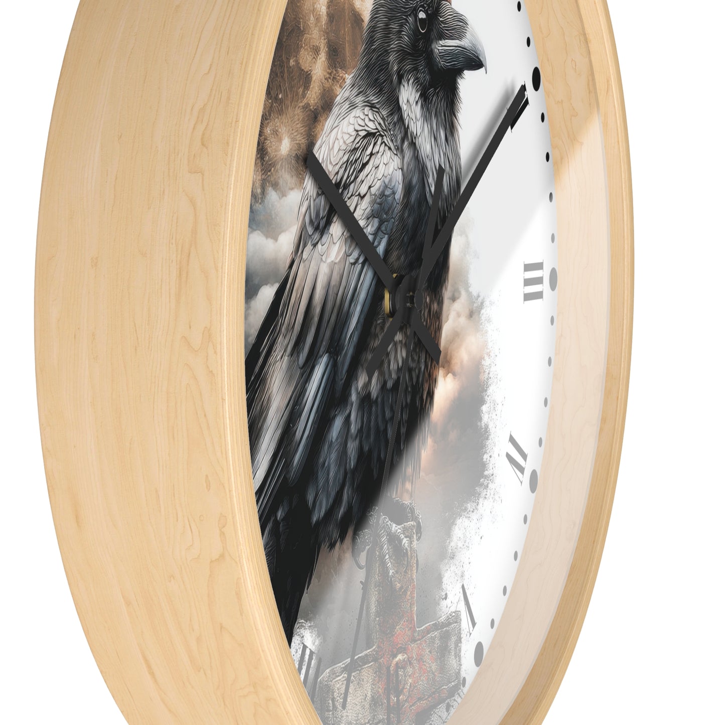 Round wall clock with a light natural wood frame and a printed raven artwork on the face, shown against a plain white background.