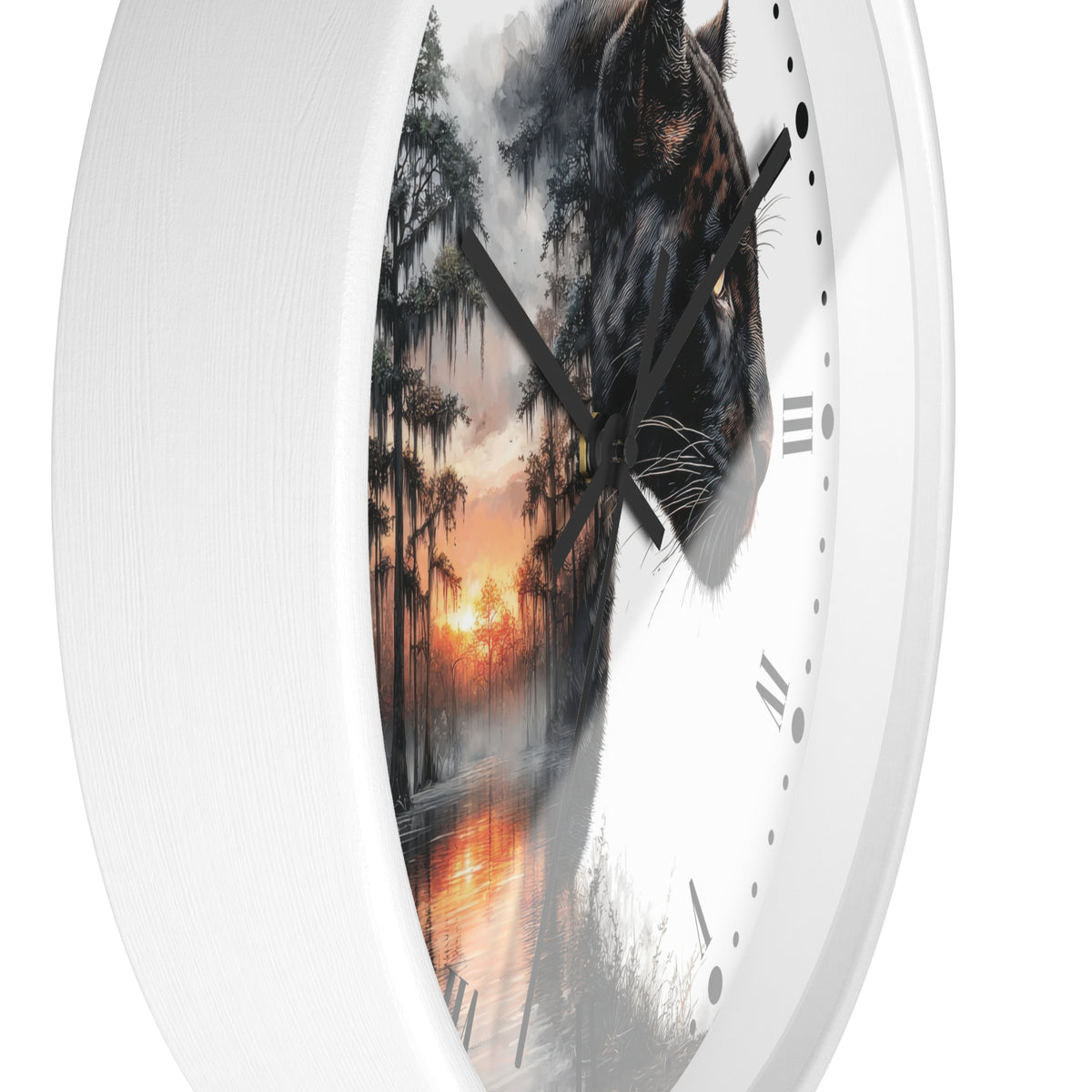 A round wall clock with a white frame and a split-face design: one half shows a black panther head, the other half shows a swamp forest at sunset. 