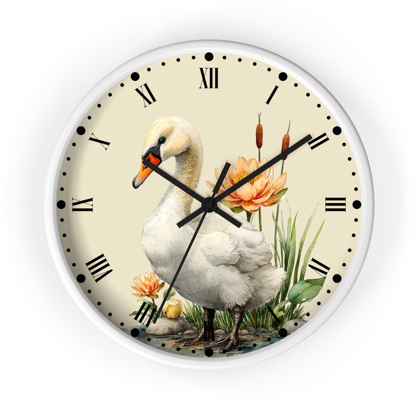 Swan Lotus Wall Clock — Vintage Floral Roman Numeral Clock