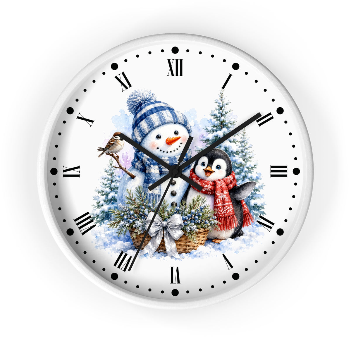 A round white wall clock with black Roman numerals and hands, featuring a festive winter illustration of a snowman in a blue striped hat, a penguin in a red scarf, evergreen trees, and a bird on the clock face.