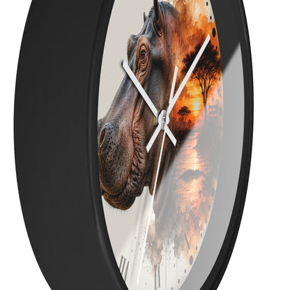 A round wall clock with a black frame and a printed face featuring a close-up hippopotamus on the left and an orange-toned sunset landscape on the right, with white clock hands.