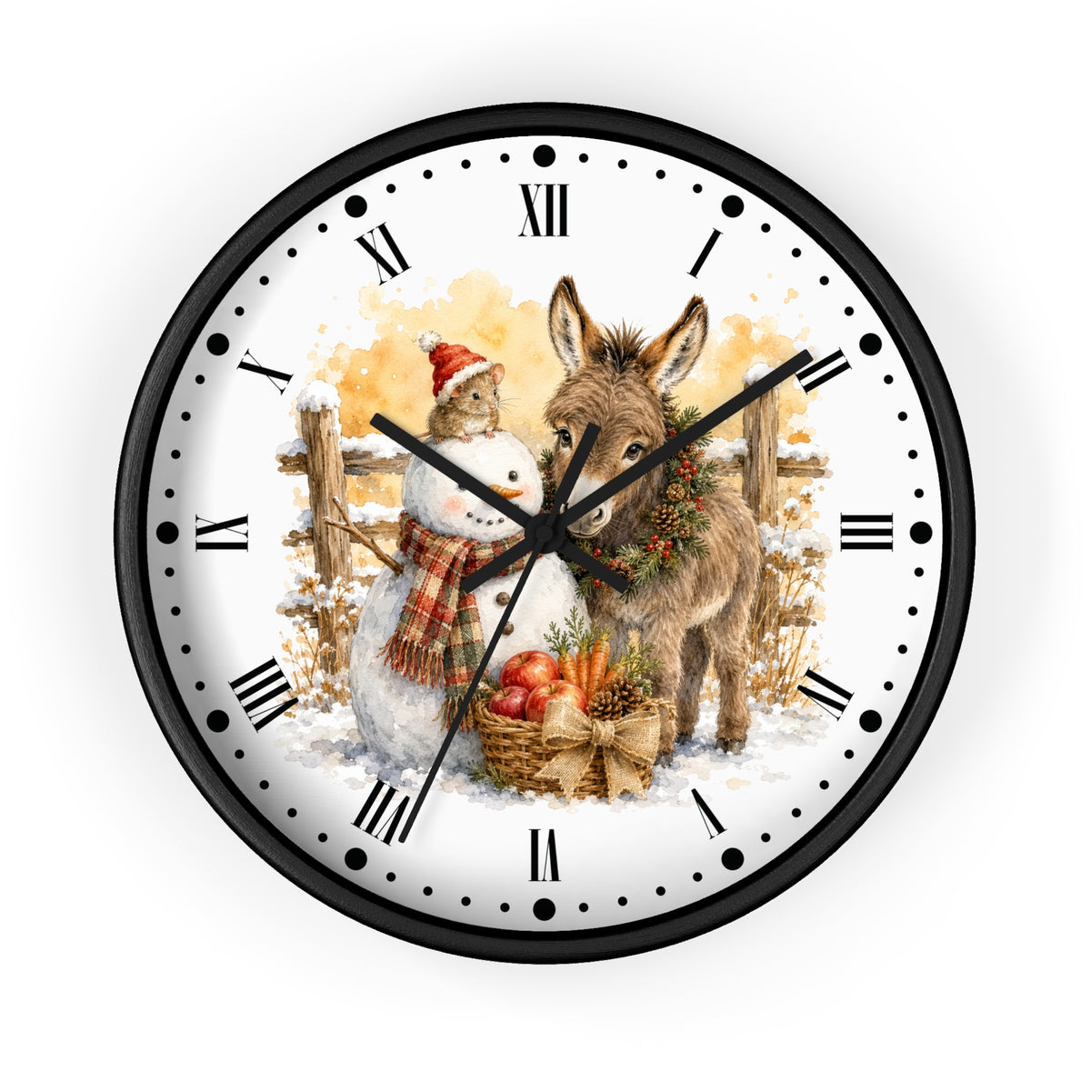 Round wall clock with a black frame and Roman numerals, featuring a festive illustration of a snowman and a donkey in the snow with autumn harvest elements on a white background.