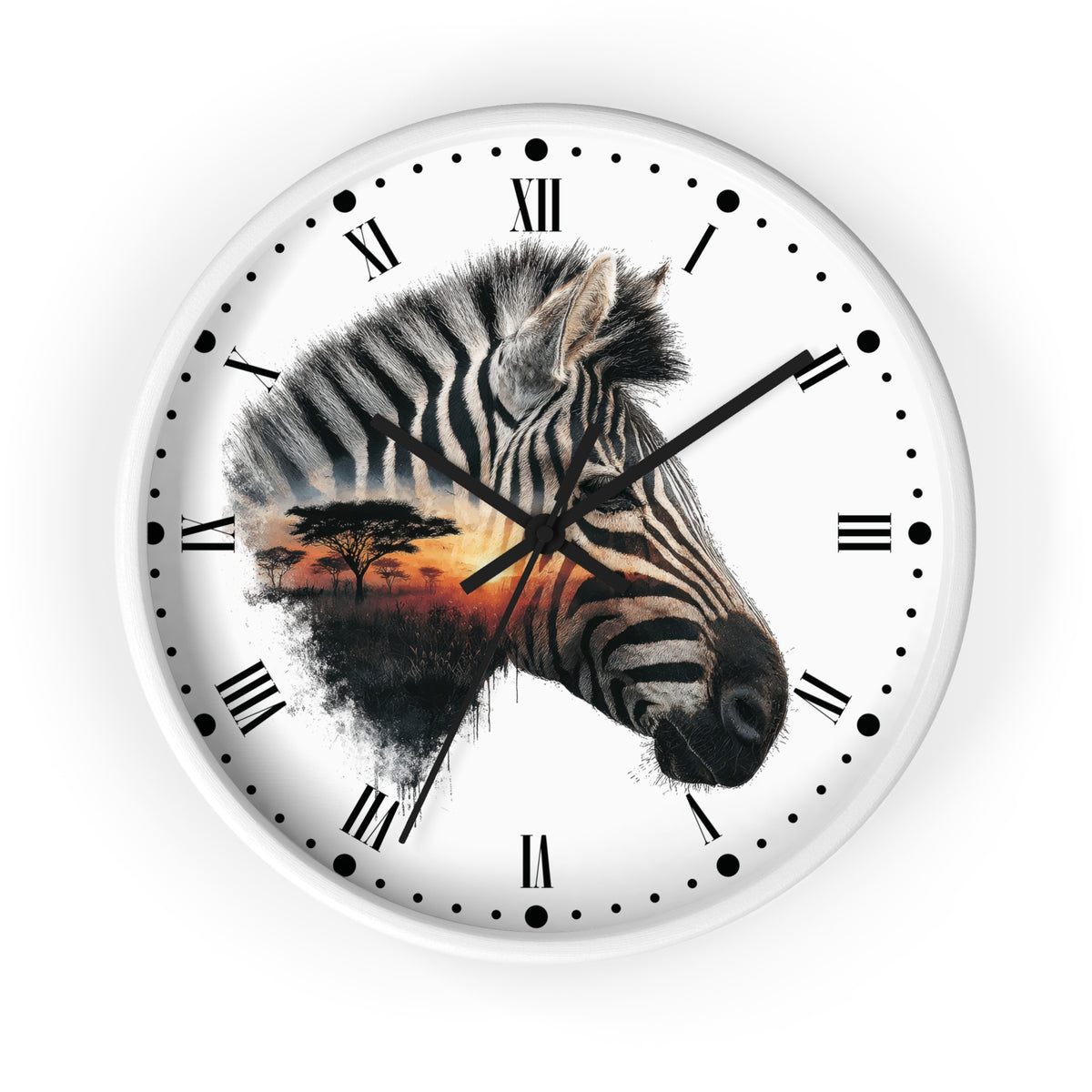 Zebra Sunset Wall Clock with Roman Numerals — African Savanna Animal Decor