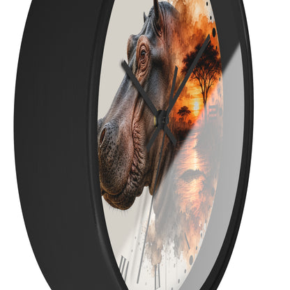 Round wall clock with a black frame and a printed design featuring a hippopotamus head on the left and an orange sunset landscape on the right, shown against a white background.