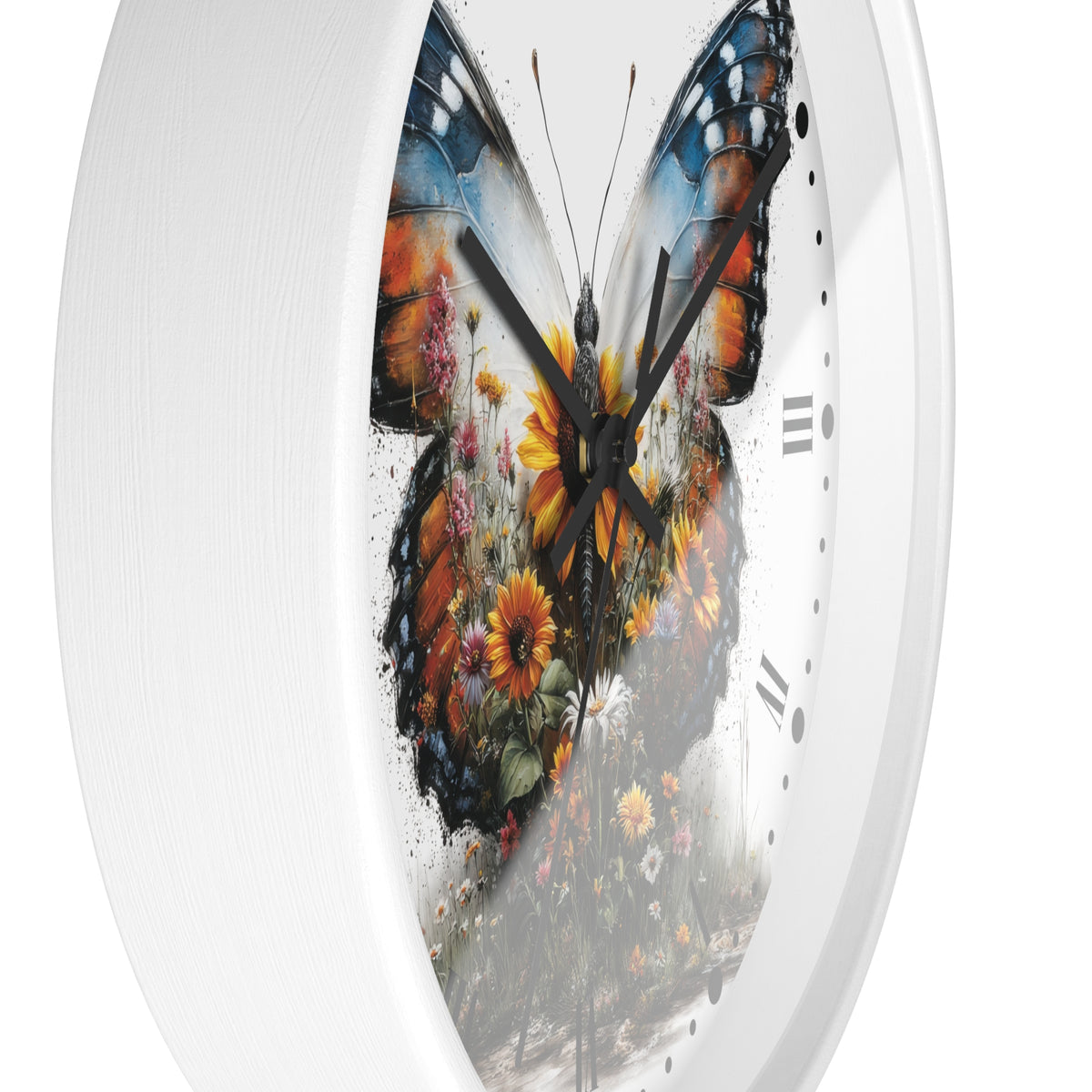 A white round wall clock with a large butterfly design printed on the face. The butterfly artwork features orange, blue, black, yellow, and brown tones with floral details, and the clock has black hands and simple black hour markers.