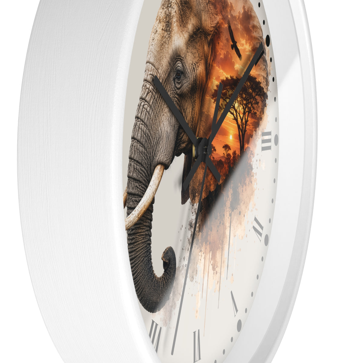 A round wall clock with a white frame and a printed elephant design on the face, set against a plain white background.