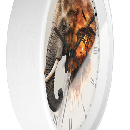 A round wall clock with a white frame and a printed elephant design on the face, set against a plain white background.