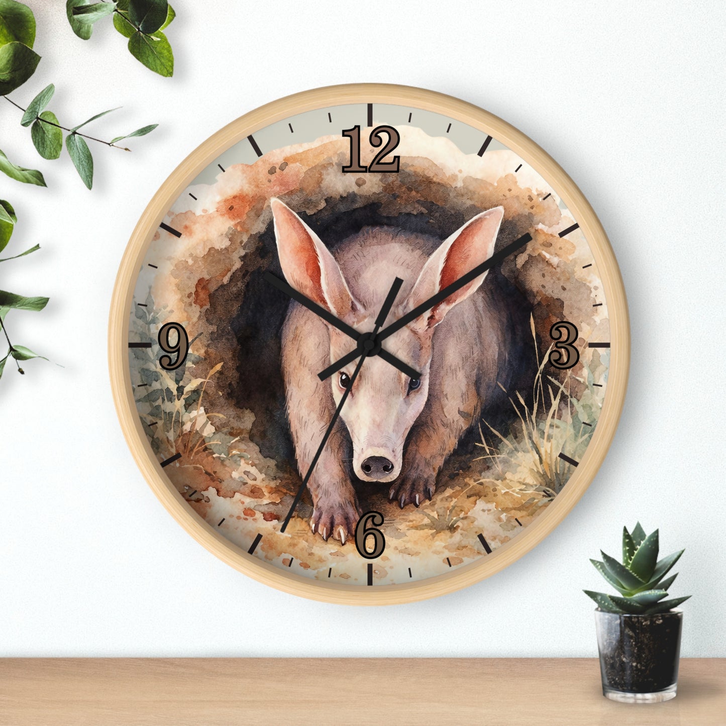 Aardvark Watercolor Wall Clock — Whimsical Safari Animal Home Decor