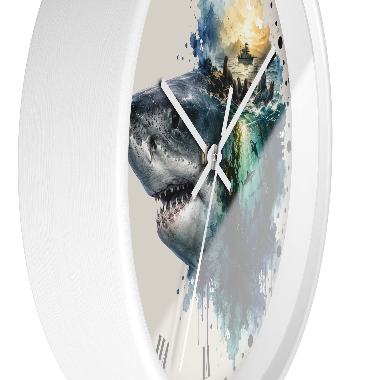 Ocean Shark & Seals Wall Clock — Watercolor Ship Nautical Art Decor