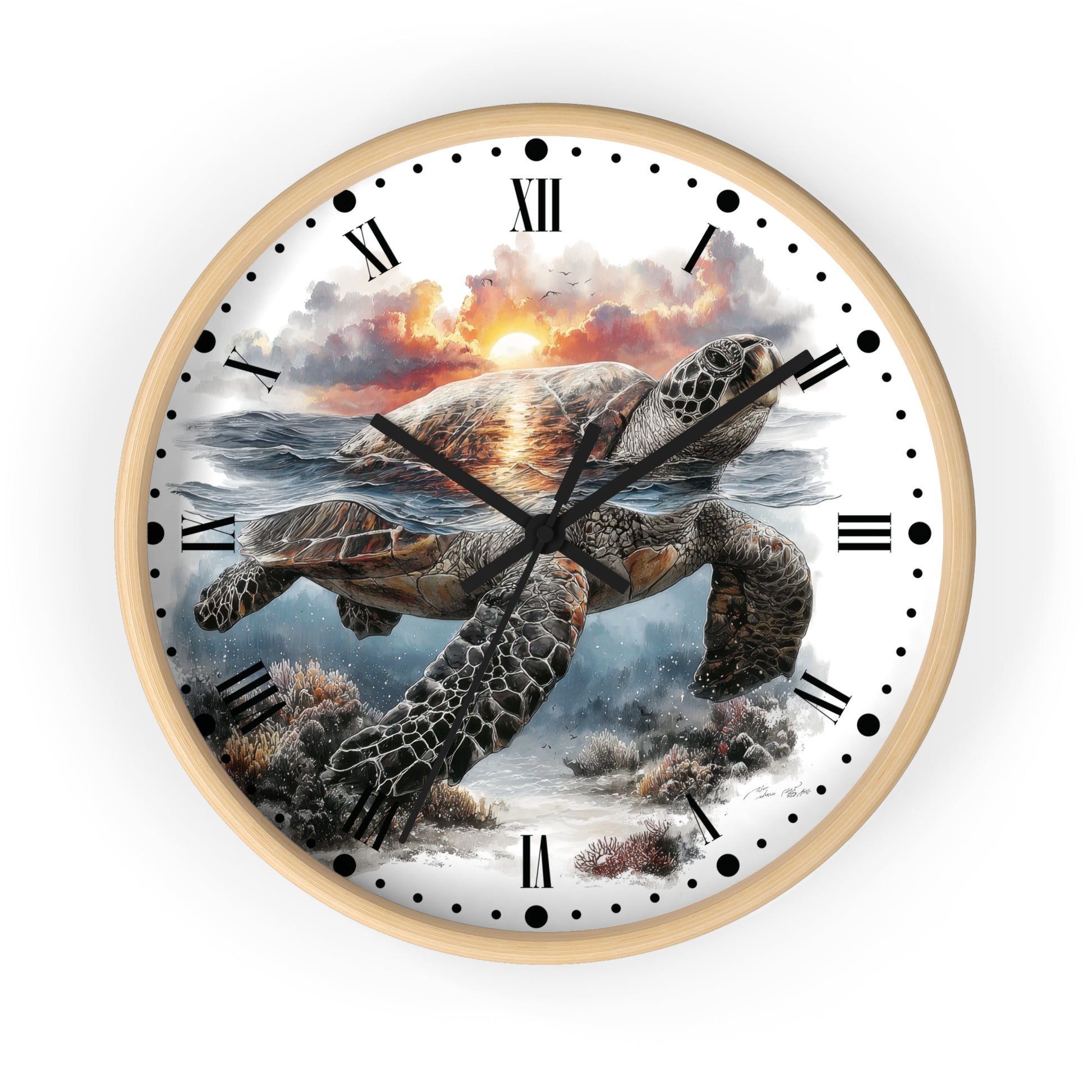 A round wall clock with a light wood frame and a printed ocean scene featuring a sea turtle swimming toward the sunset. The clock face has black Roman numerals and black hands on a white background.