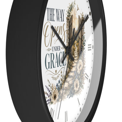 Rustic Floral Inspirational Wall Clock - "The Way Opens Under Grace"  Christian Home Decor