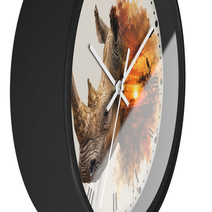 Rhino Sunset Wall Clock with Roman Numerals — Safari Wildlife Decor
