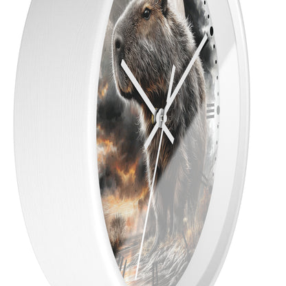 A round white wall clock with a printed scenic face showing a capybara in front of a dramatic fiery landscape. The clock has white hands and a white outer rim, photographed against a plain white background.