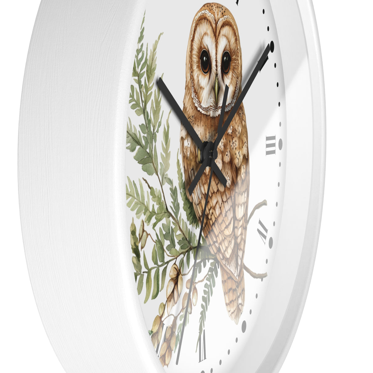 A white round wall clock with a detailed illustration of a brown barn owl perched among green leaves on the clock face, with black hands and Roman numerals.