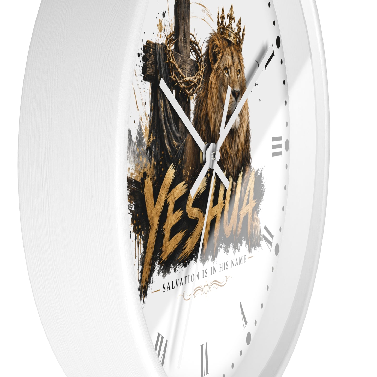 A white round wall clock with a religious graphic on the face showing a crowned lion, a cross, chain details, and the word 'YESHUA' in large gold lettering. The clock is photographed against a clean white background.