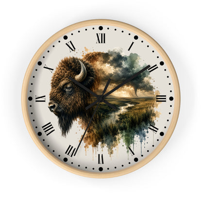 Buffalo Landscape Wall Clock — Rustic Prairie Bison Art