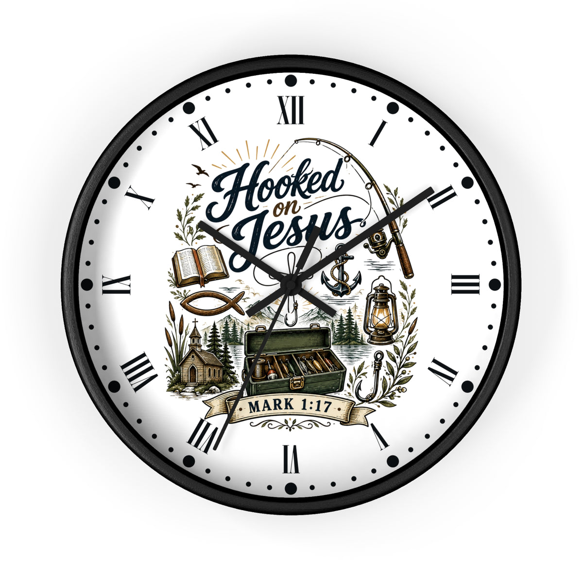 A round wall clock with a black frame and a white face featuring the text 'Hooked on Jesus' and 'MARK 1:17' in a nautical, vintage-style illustration with a fishing rod, anchor, lantern, cabin, and fish.