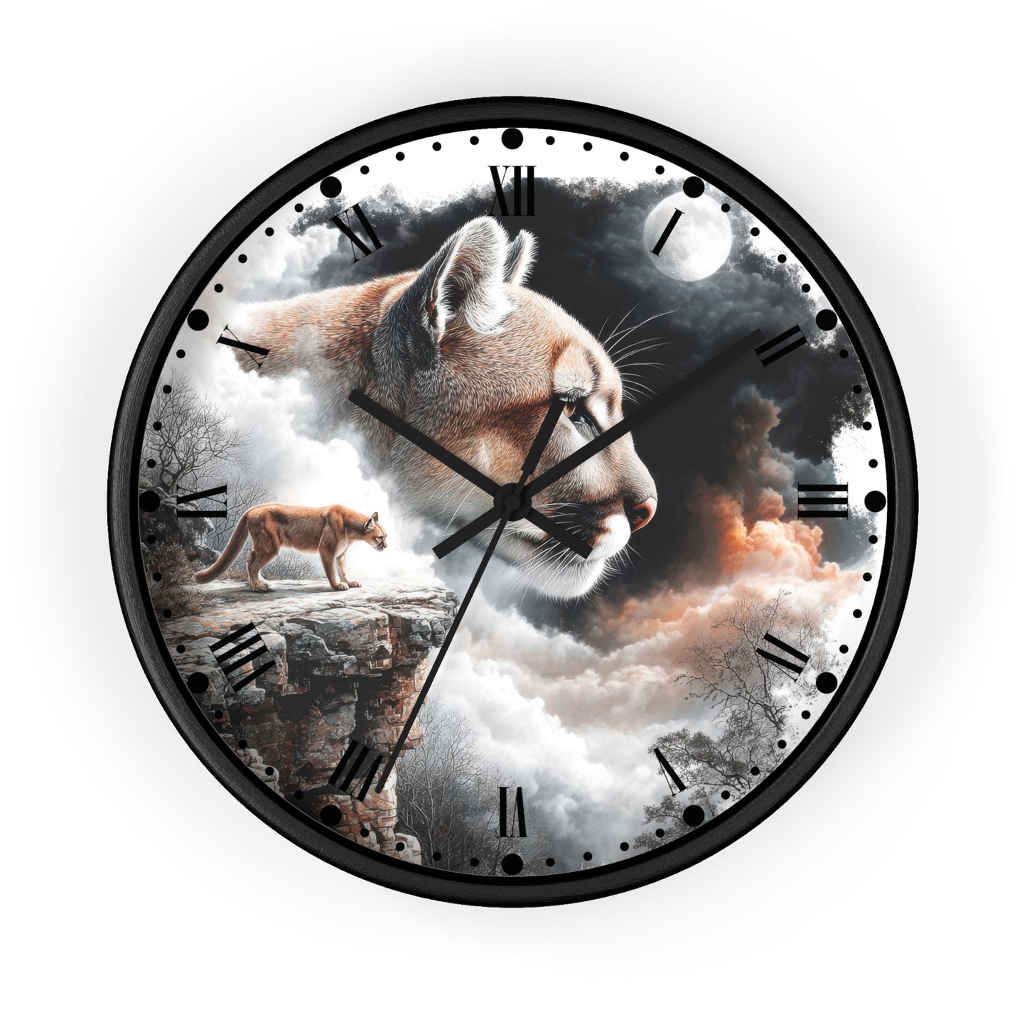 A round wall clock with a black frame and a surreal printed design featuring a large cat face, a smaller cat standing on a cliff, clouds, moon, and dark sky. Roman numerals mark the hours, and the clock is centered on a light gray background.