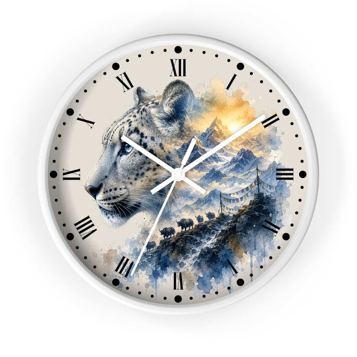 A round wall clock with a white frame and a printed dial featuring a large spotted big cat in profile over blue watercolor mountains and a bridge, with black Roman numerals and white hands on a light gray background.
