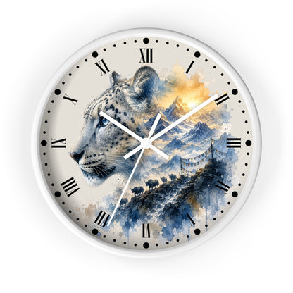 A round wall clock with a white frame and a printed dial featuring a large spotted big cat in profile over blue watercolor mountains and a bridge, with black Roman numerals and white hands on a light gray background.