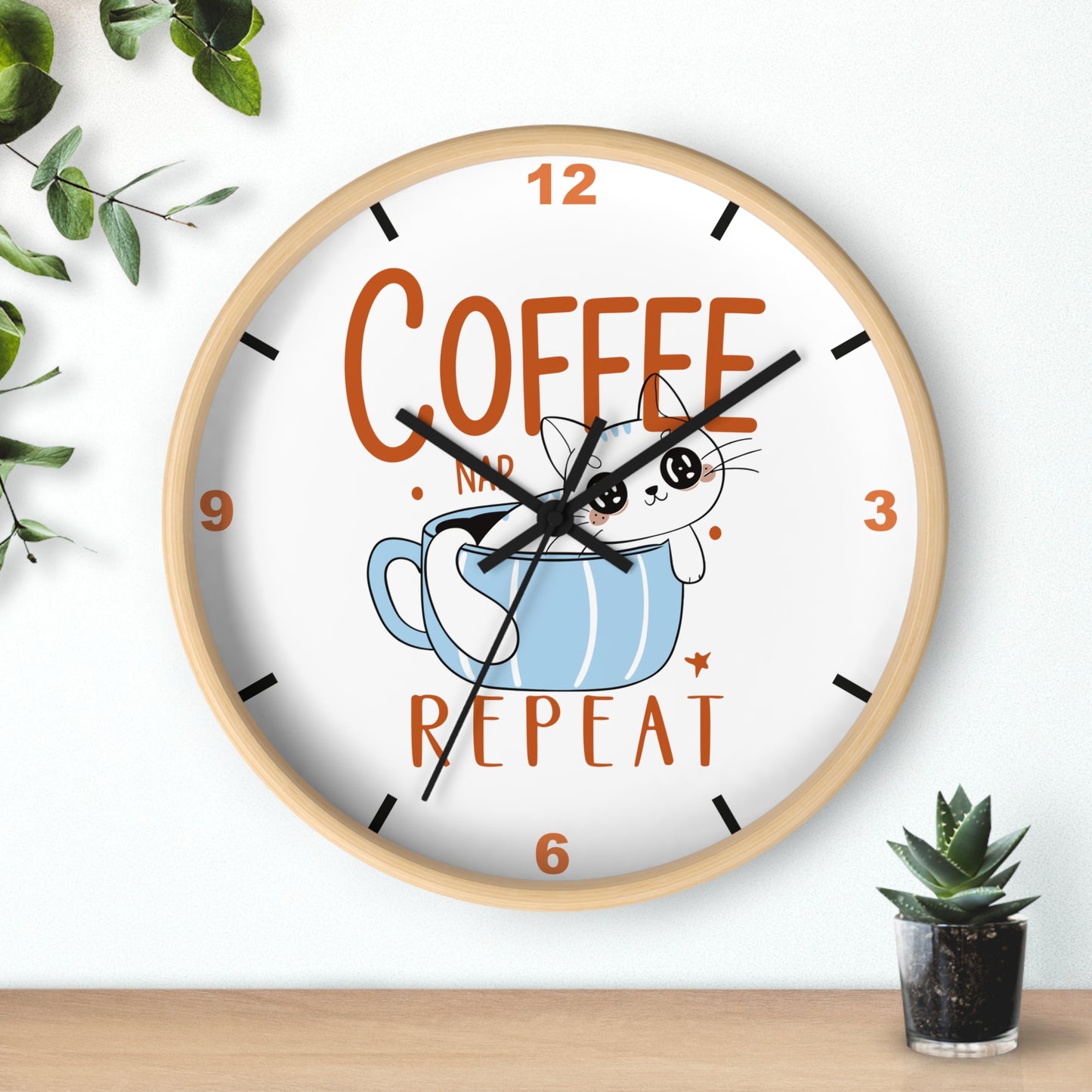 Coffee Nap Repeat Wall Clock | Cute Cat in Mug Kitchen Decor
